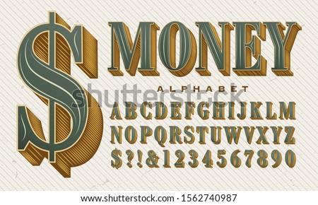 An ornate and elegant vector alphabet. This green and gold font has the stylings of money, stock certificates, and other financial instruments. Gives an expensive look to headline lettering.