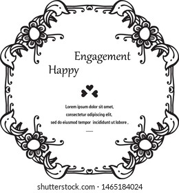 Ornate elements black white, elegant flower frame, design card happy engagement. Vector