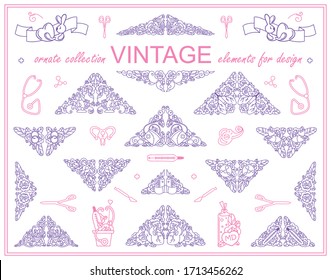 Ornate elements for design. Beautiful triangles, perfect for borders, dividers or headers. Consist from abstract medical tools, human organs in frame with roses and leaves. Cute pink and lilac colors