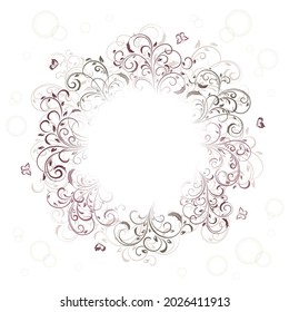 Ornate elements in the form of circle. Abstract floral ornament with butterfly on white background. Illustration can be used for wedding design, cards, invitations, banner