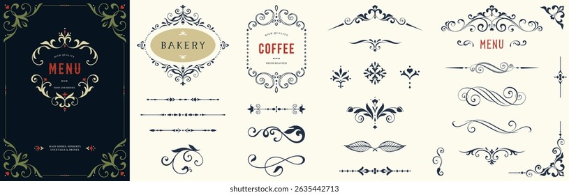 Ornate elements, frames, labels, scroll, floral motifs. For branding, graphic design, packaging, stickers, business and greeting cards, wedding invitations, menu, diplomas.