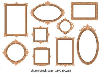 Ornate empty golden borders flat set for web design. Cartoon antique templates of elegant engraved frames isolated vector illustration collection. Decorative corners and Victorian style concept