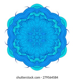 Ornate ethnic mandala.  Bright luxury oriental motif. Fantasy element for design. Vintage vivid vector illustration. Blue symbol  on  white background.Easy editable.