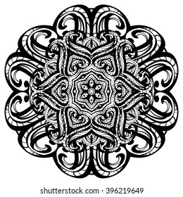 Ornate ethnic mandala or festive snowflake. Monochrome  oriental motif. Fantasy element for design. Vintage black and white vector illustration.Fantasy symbol  on  white background.Easy editable.