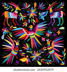 Ornate ethnic Mexican embroidery Otomi. Pattern with birds, animals and flowers on black background