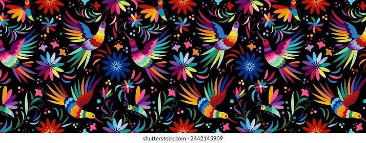 Ornate ethnic Mexican embroidery Otomi. Seamless pattern with birds and flowers on black background