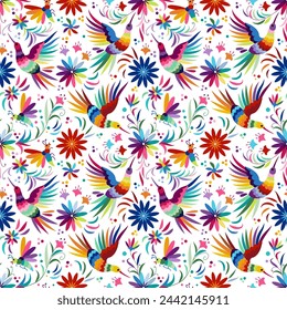 Ornate ethnic Mexican embroidery Otomi. Seamless pattern with birds and flowers on white background