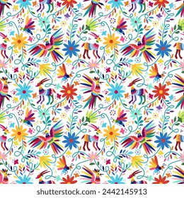 Ornate ethnic Mexican embroidery Otomi. Seamless Pattern with birds, animals and flowers on white background