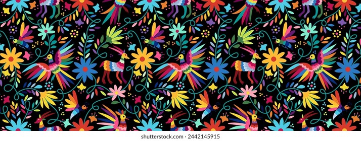 Ornate ethnic Mexican embroidery Otomi. Seamless Pattern with birds, animals and flowers on black background