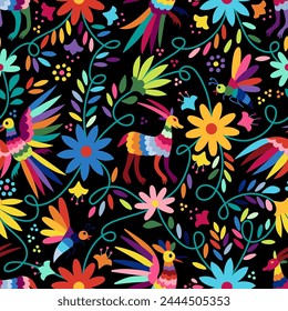 Ornate ethnic Mexican embroidery Otomi. Seamless Pattern with birds, animals and flowers on black