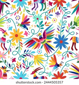 Ornate ethnic Mexican embroidery Otomi. Seamless Pattern with birds, animals and flowers on white