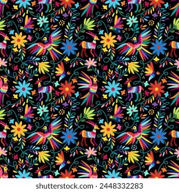 Ornate ethnic Mexican embroidery Otomi. Seamless Pattern with birds, animals and flowers on black background