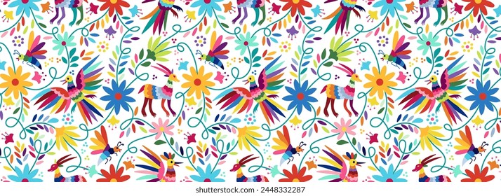 Ornate ethnic Mexican embroidery Otomi. Seamless Pattern with birds, animals and flowers on white background