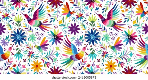 Ornate ethnic Mexican embroidery Otomi. Seamless pattern with birds and flowers on white background