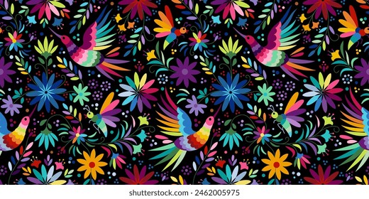 Ornate ethnic Mexican embroidery Otomi. Seamless pattern with birds and flowers on black background