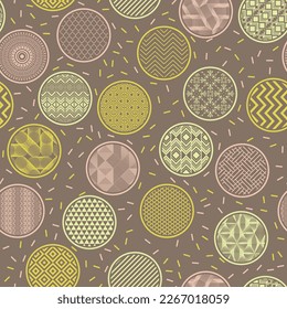 Ornate fabric swatch geometric endless pattern. Circle shapes with fantasy patterns inside. Japanese geometry in bubbles. Freckled texture background. Candy packaging design.