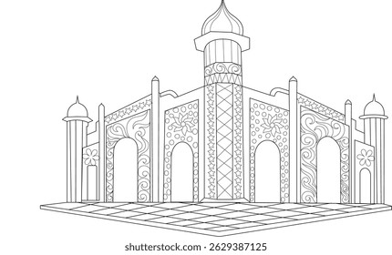 Ornate Fantasy Castle Line Art, Detailed black and white line drawing illustration of an elaborate fantasy castle or palace with multiple towers, arches, and decorative patterns. Ideal for coloring
