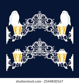 ornate fantasy entrance arch decorated with streetlight lamps and sitting white snowy owl birds - magic passage vector design