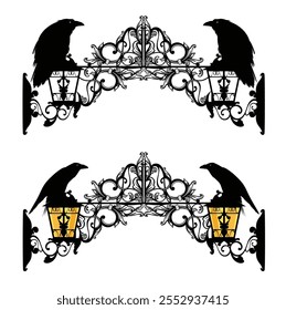 ornate fantasy entrance arch decorated with streetlight lamps and sitting black raven birds - magic passage vector design set