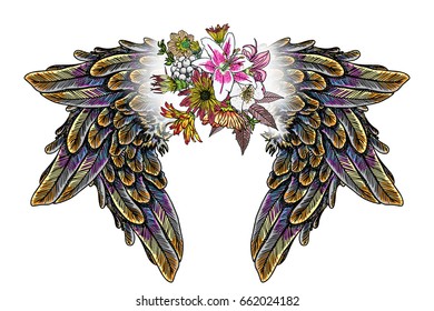 Ornate fashioned wings and elegant vintage flower bouquet, isolated Victorian motif style art. Rose and flowers with angel or bird wings flash tattoo design elements. Drawing girl style. Vector.