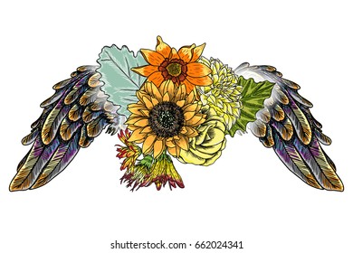Ornate fashioned wings and elegant vintage flower bouquet, isolated Victorian motif style art. flowers with angel or bird wings flash tattoo design elements. Drawing girl style. Vector.