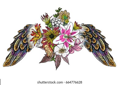 Ornate fashioned wings and elegant vintage flower bouquet, isolated Victorian motif style art. Rose and flowers with angel or bird wings flash tattoo design elements. 