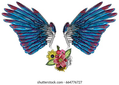 Ornate fashioned wings and elegant vintage flower bouquet, isolated Victorian motif style art. Rose and flowers with angel or bird wings flash tattoo design elements. 