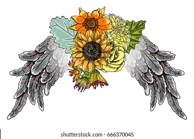 Ornate fashioned wings and elegant vintage flower bouquet, isolated Victorian motif style art. Rose and flowers with angel or bird wings flash tattoo design elements. Drawing girl style. Vector.