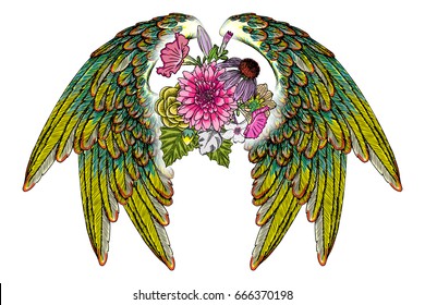 Ornate fashioned wings and elegant vintage flower bouquet, isolated Victorian motif style art. Rose and flowers with angel or bird wings flash tattoo design elements. Drawing girl style. Vector.
