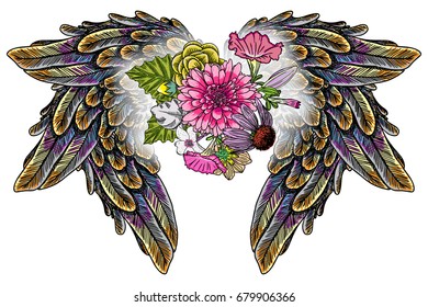 Ornate fashioned wings and elegant vintage flower bouquet, isolated Victorian motif style art. Rose and flowers with angel or bird wings flash tattoo design elements. Drawing girl style. Vector.