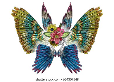 Ornate fashioned wings and elegant vintage flower bouquet, isolated Victorian motif style art. Rose and flowers with angel or bird wings flash tattoo design elements. Drawing girl style. Vector.