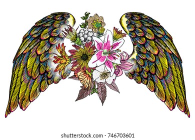 Ornate fashioned wings and elegant vintage flower bouquet, isolated Victorian motif style art. Rose and flowers with angel or bird wings flash tattoo design elements. Drawing girl style. Vector.