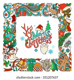 Ornate festive frame of Christmas objects. Christmas tree and baubles, gifts and bows, snowman, gingerbread man, deer, bells, Santa sock, hat, beard and glasses, holly berries, hand-written text.