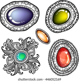 Ornate filigree mehendi pattern with colored stones. Set of Zenstones for zentangle line art. Design t-shirt print, invitation, boho chic, hipster style. Coloring books. Indian henna ornament. Vector