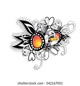 Ornate filigree mehendi pattern with colored stones. Set of Zenstones for zentangle vector design.
