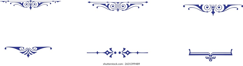 Ornate filigree patterns, symmetrical designs, blue ink on white background, Victorian-style decorative elements, elegant swirls and curves, intricate border motifs,	
