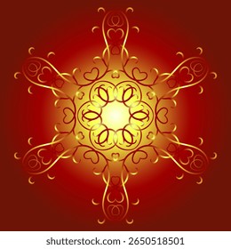 Ornate fire mandala. Red gold curved intertwined lines. Bright red ethnic round ornament. Luxury kaleidoscope design element. Positive energy of the sun. Sun vector illustration.