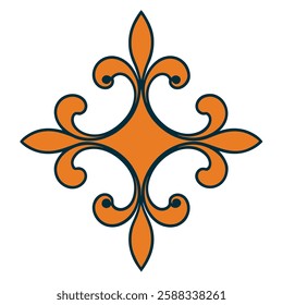 Ornate fleur-de-lis design, symmetrical orange shape, decorative heraldic emblem, curving floral motif, elegant scrollwork pattern, medieval-inspired symbol, vector graphic style.