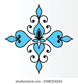 Ornate fleur-de-lis design, symmetrical pattern, turquoise and black colors, decorative scrollwork, elegant motif.