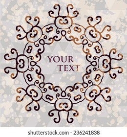 Ornate floral asian mandala. Round frame for your text over modern triangles background.
