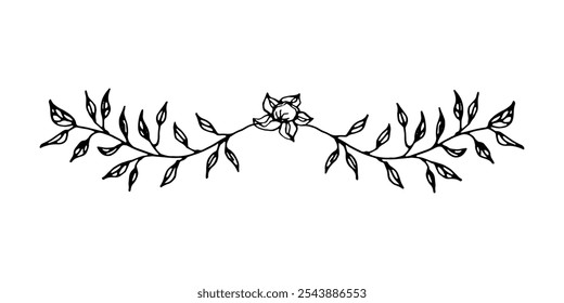 Divisor de borda floral ornamentado para decorar cartões postais, convites, banners. Ilustração vetorial de folhas e flores no estilo doodle.