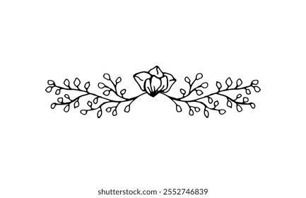 Ornate floral border divider for decorating postcards, invites, banners. Vector illustration of leaves and flowers in the doodle style.