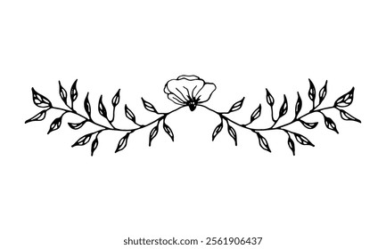Ornate floral border divider for decorating postcards, invites, banners. Vector illustration of leaves and flowers in the doodle style.