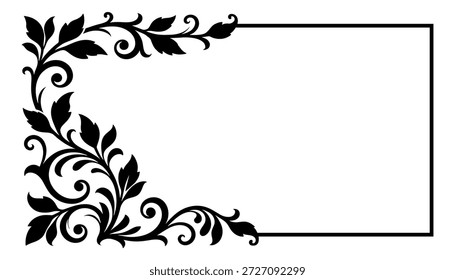 Projeto de moldura de canto floral ornamentado com folhas em preto e branco, vetor.