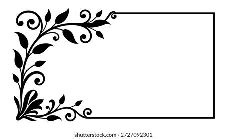 Ornate floral corner frame design with leaves in black and white, vector.