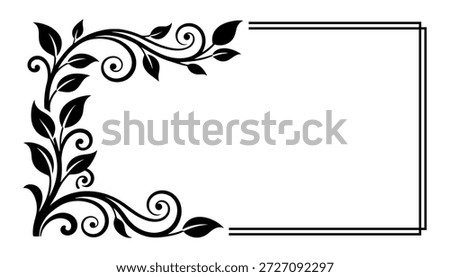 Ornate floral corner frame design with leaves in black and white, vector.