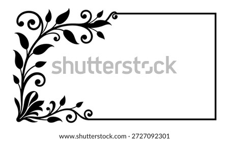 Ornate floral corner frame design with leaves in black and white, vector.
