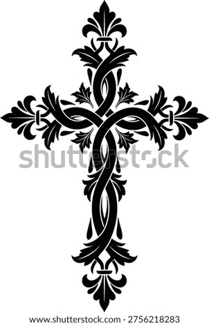 Ornate Floral Cross Vector Illustration, Elegant Decorative Christian Religious Symbol, Vintage Style