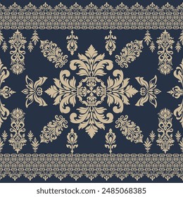 Ornate Floral Damask Pattern in Cream and Navy Blue: A Classic Design for Elegant Decor, Featuring Intricate Motifs, Traditional Elements, and Luxurious Details Perfect for Wallpaper, Fabric and Style