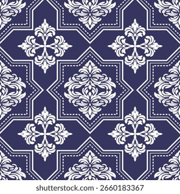 Ornate floral damask pattern in white on a deep navy blue background featuring repeating stylized motifs